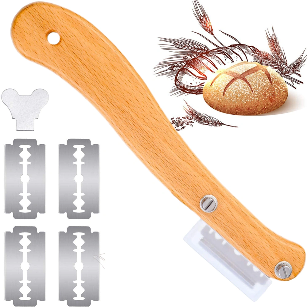 Bread Lame Wooden Handle Bread Slashing Tool Dough Scoring Knife with 5 Pieces Replaceable Blades for Bread Making Kitchen Accessories