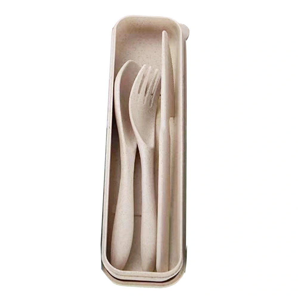 Wheat Straw Cutlery Set Modern Portable Fork Spoon Knife Tableware with Box for Office School Picnic Beige