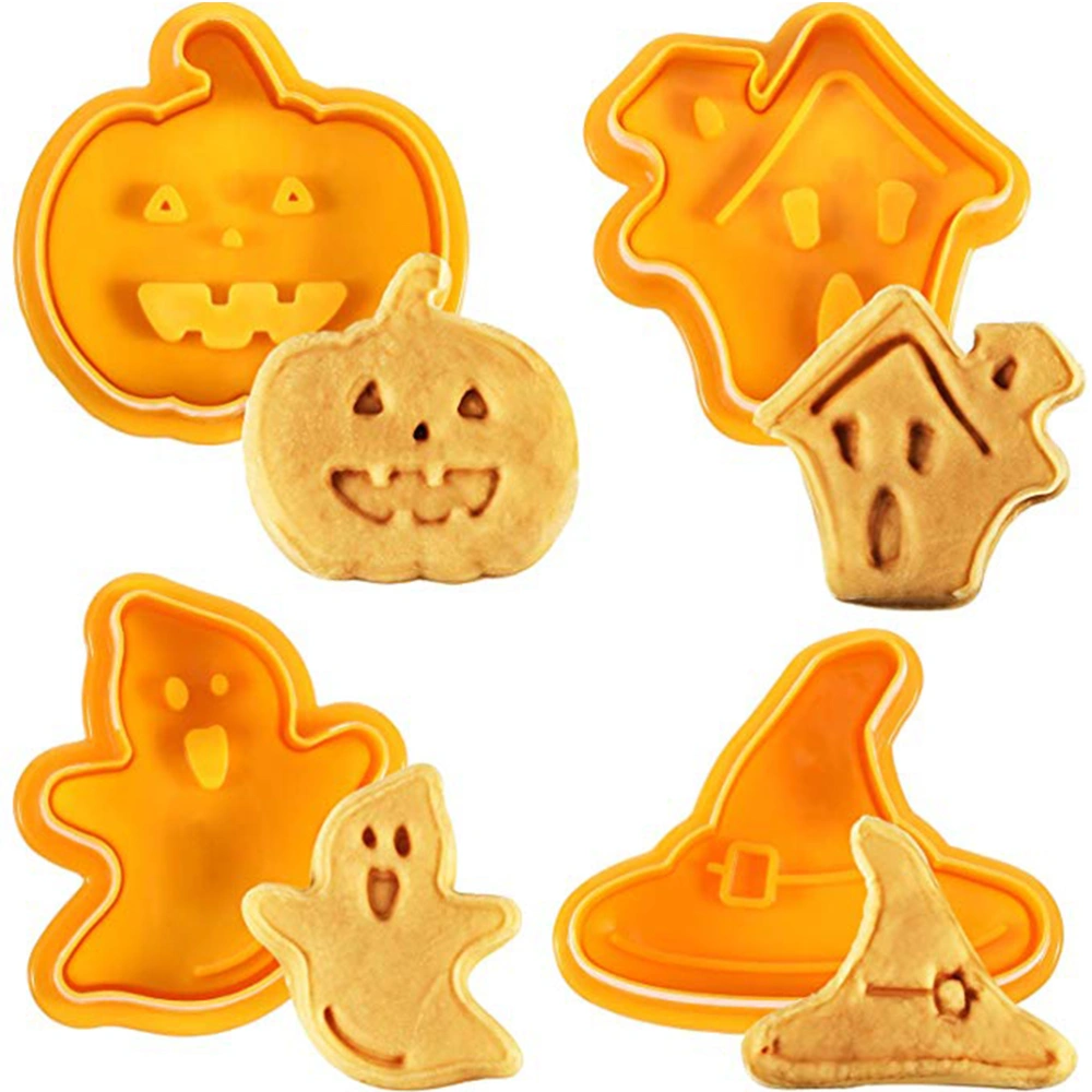 4pcs/set Halloween Mould Biscuit Stamp 3D Plunger Cutter DIY Baking Mould Cutters For Kitchen Tools