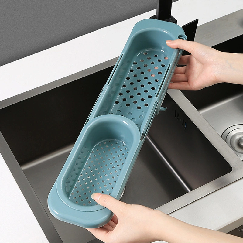 Sink Rack Retractable Hollow Drain Hanging Rod Design Plastic Sponge Holder for Kitchen Sink Grey