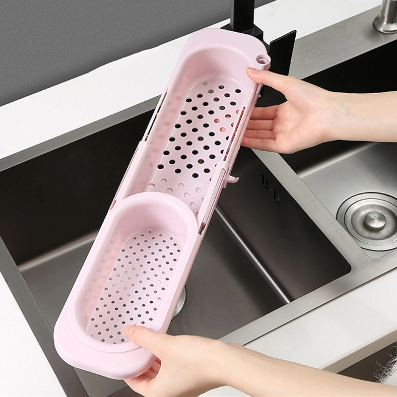 Sink Rack Retractable Hollow Drain Hanging Rod Design Plastic Sponge Holder for Kitchen Sink Pink