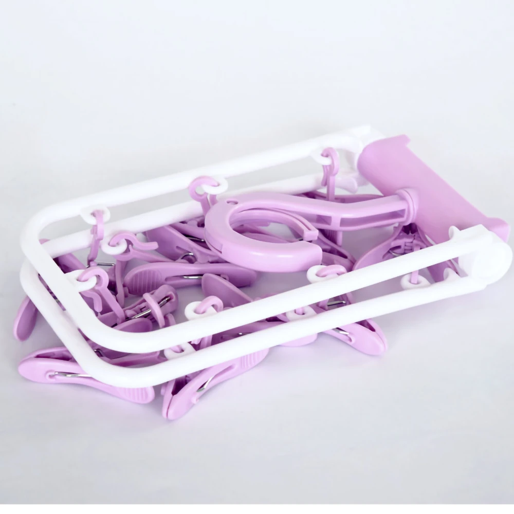 Drying Clip Rack Plastic Foldable Windproof Antiskid Underwear Sock Hanger with 12 Clips for Home Nordic Purple