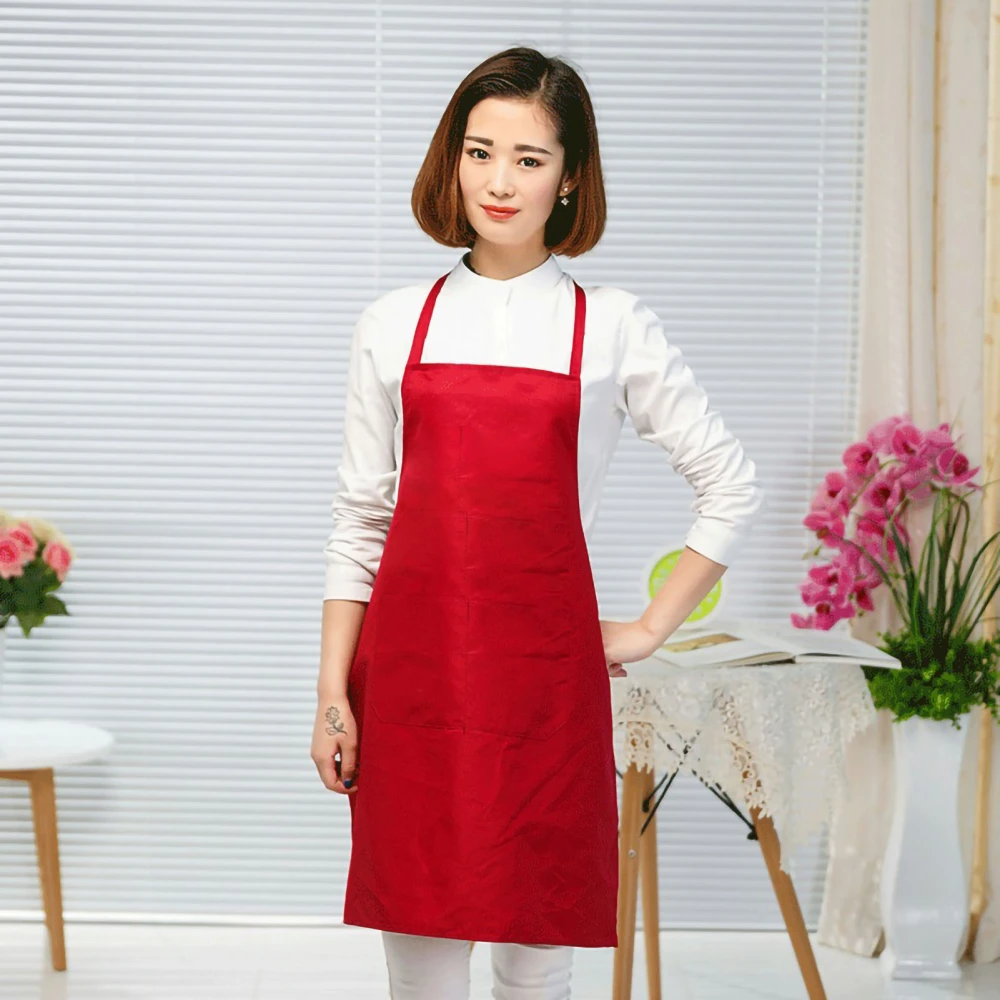 Kitchen Apron Solid Color Dual Pockets Back Strap Soft Polyester Chef Apron for Household Jujube Red