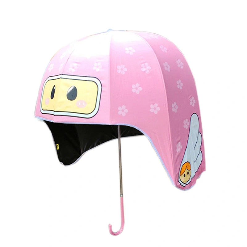 Helmet Umbrella Cartoon Pattern 10 Ribs UV Resistance Long Handle Sun Rain Umbrella Pink Height Greater Than 140cm