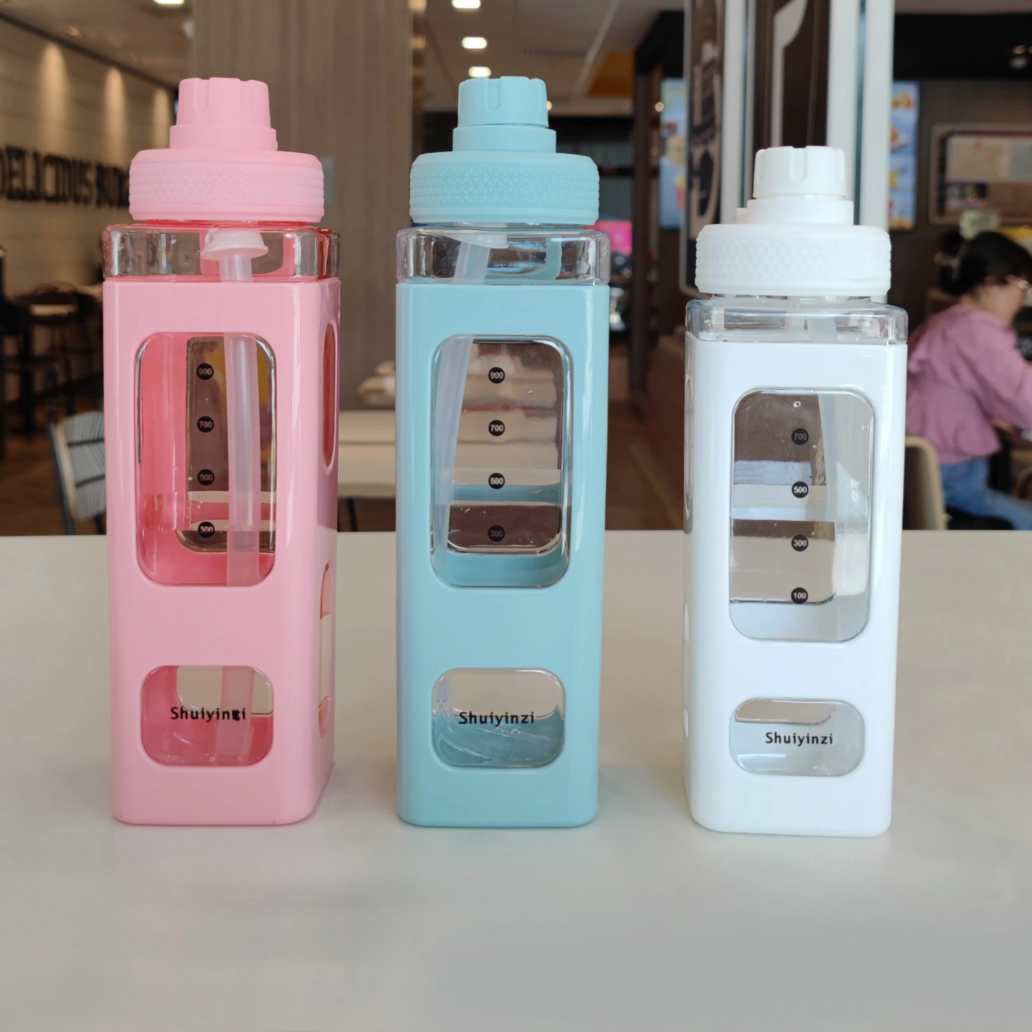 Straw Water Bottle with Marker 700ml Large Capacity Double Layer Water Jug for Home Gym School Pink