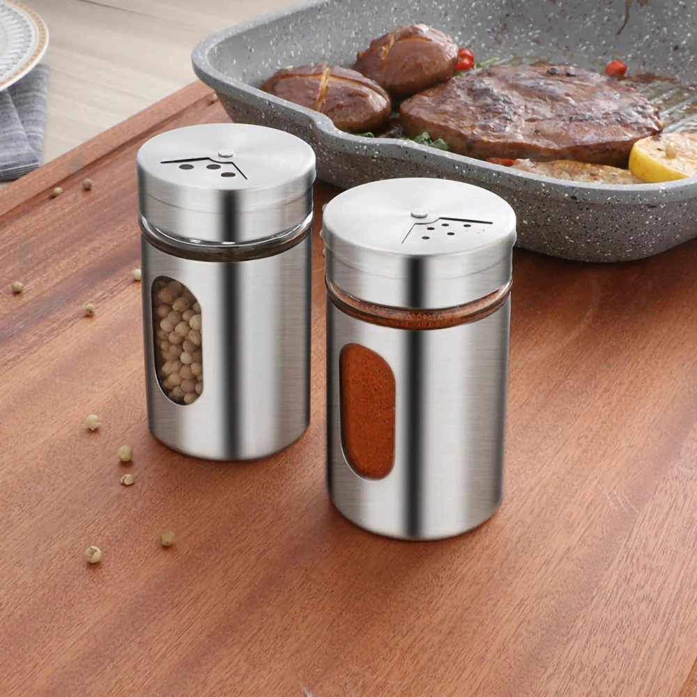 Pepper Shaker Stainless Steel Glass Slim Body Spice Container with Transparent Window BBQ Tools