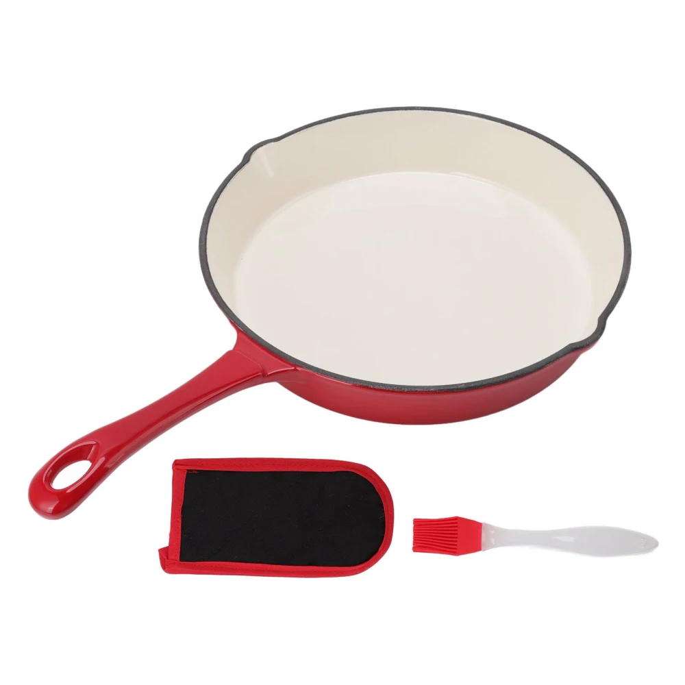 Enameled Cast Iron Skillet One Piece Long Handle Red 25cm Diameter Ergonomic Design Kitchen Frying Skillet for Cooking