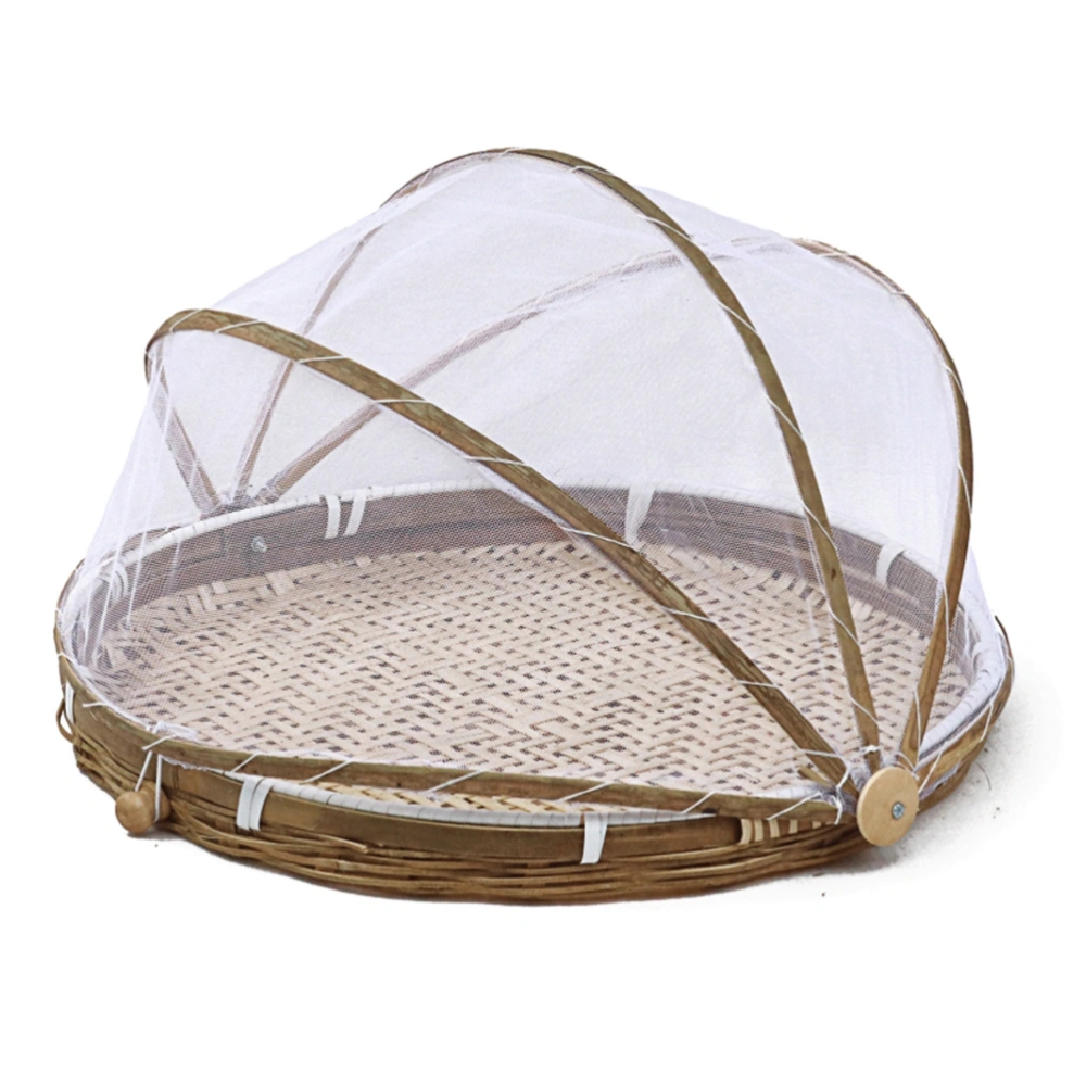 Covered Bamboo Serving Food Tent Basket Hand Woven Round Food Basket with Mesh Cover