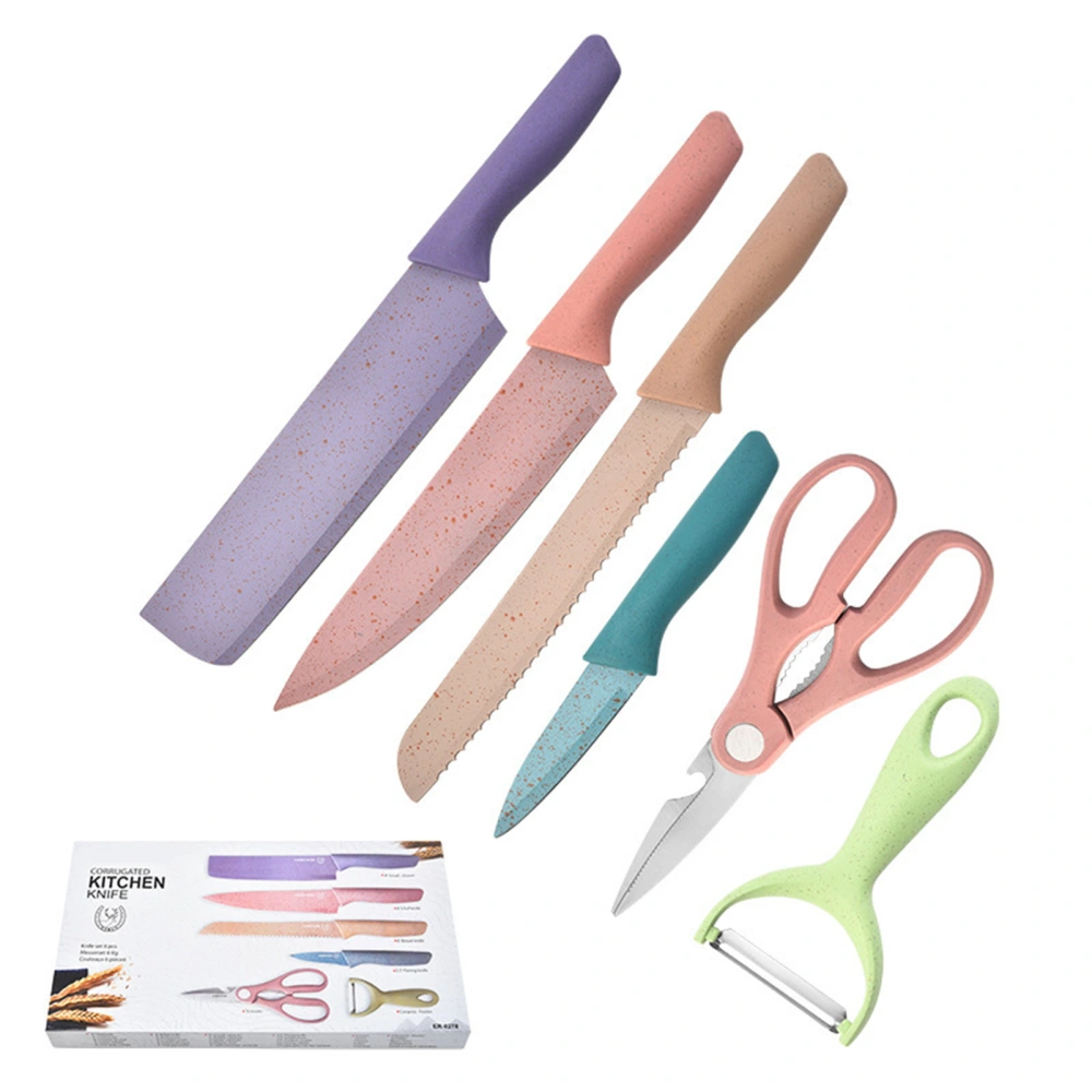 6pcs Stainless Steel Knives Set with Coating Wheat Straw Handle All Purpose Kitchen Knife Cutlery with Peeler Scissor with 1.0 Thickness Gift Box