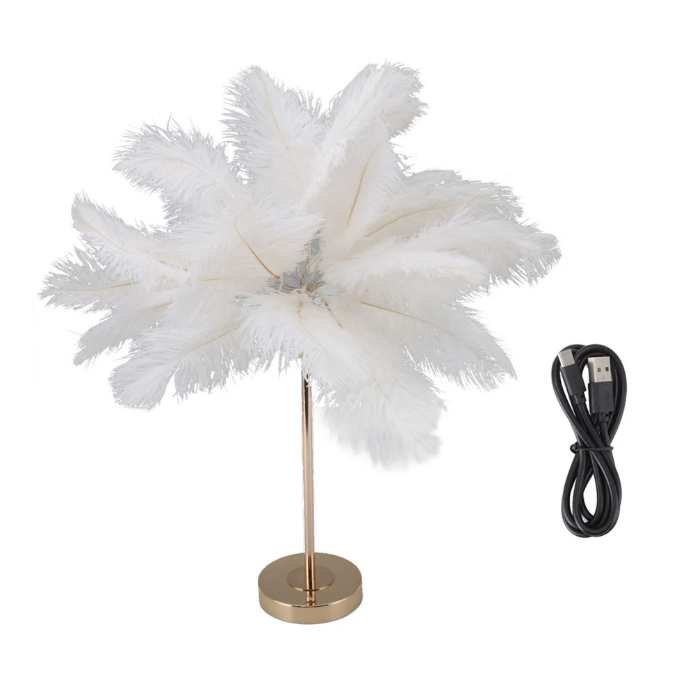 Feather Table Lamp Touch Switch USB Ostrich Feather Lamp 3 Color Dimming Desk Lamp with Gold Metal Base 30pcs Feather