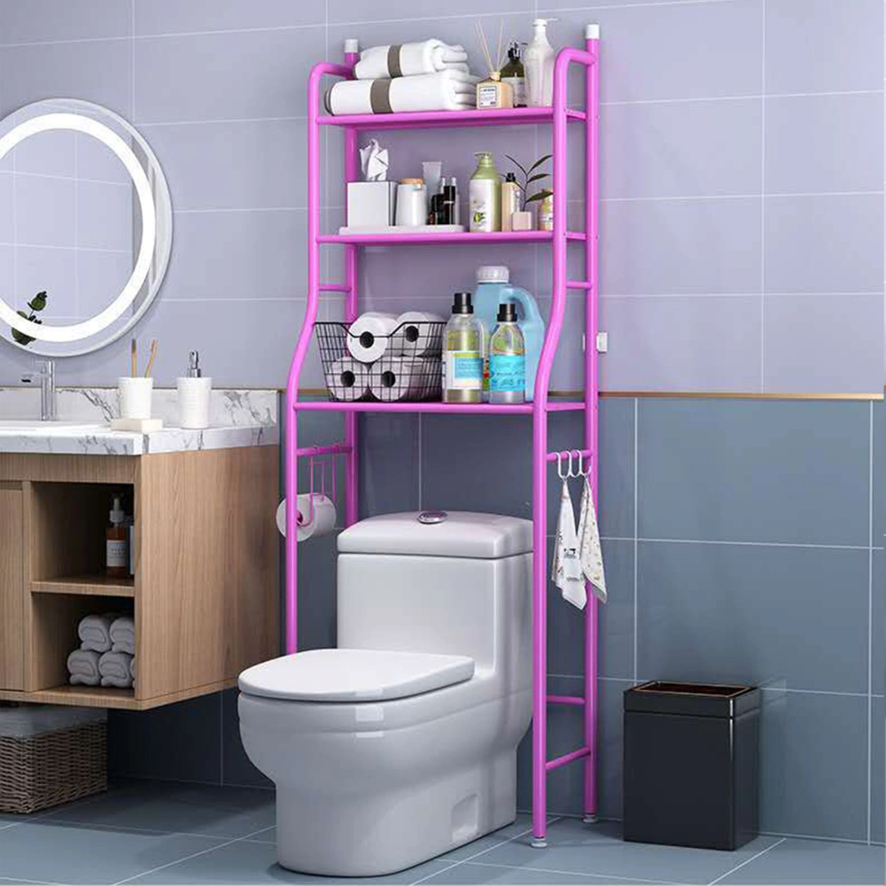 Bathroom 3 Tiers Shelf Large Capacity Good Stability Space Save Metal Floor Rack for Kitchen Toilet Washing Machine Pink