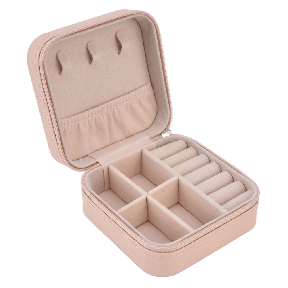 Portable Jewelry Case with Zipper 4 Grids Large Capacity Partition Storage Soft Lining Mini Jewelry Storage Box for TravelNude Pink