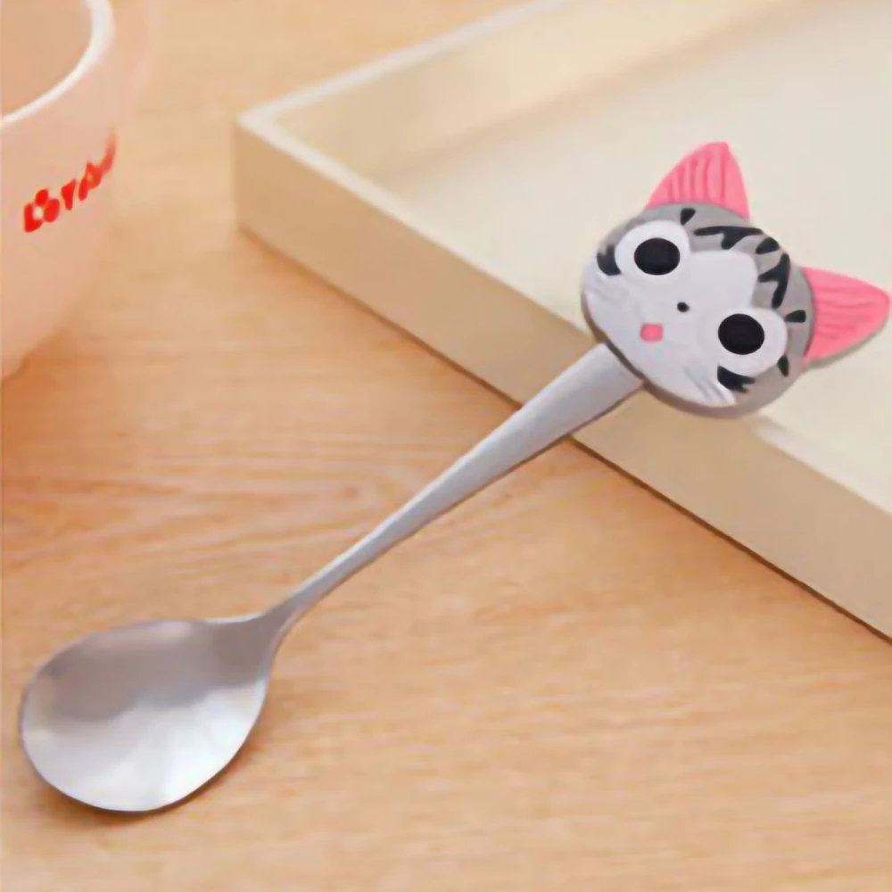 Creative Cute Stainless Steel Spoon with Silicone Handle Dinner Spoon for Coffee Stirring Small Snacks Cheese Cat