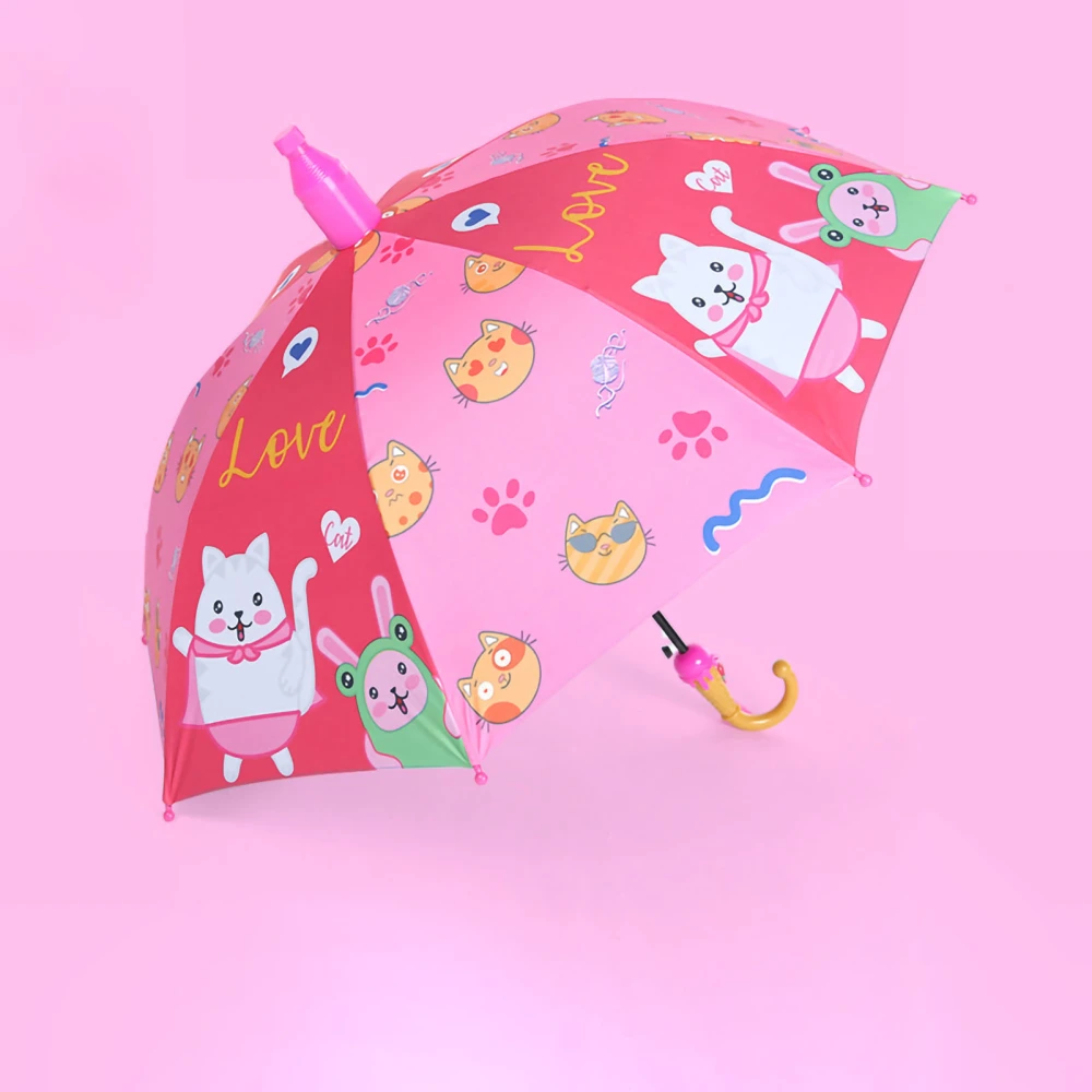 Cartoon Long Handle Umbrella Fully Automatic Cute Patterns Dual Use Cute Children Umbrella for Kids Kindergarten Pink Cat