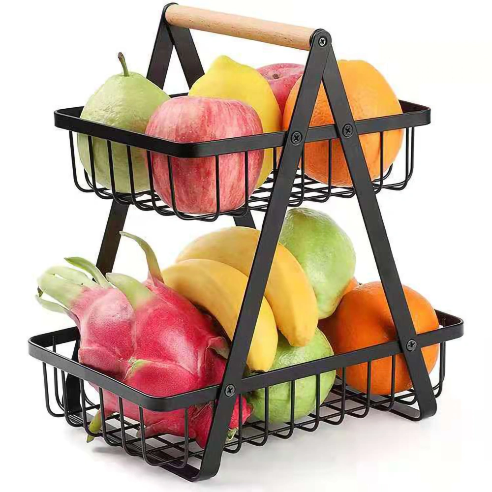 Storage Basket Iron Wood 2 Layers Detachable Fruit Vegetable Shelf Rack for Living Room Kitchen Desktop Black