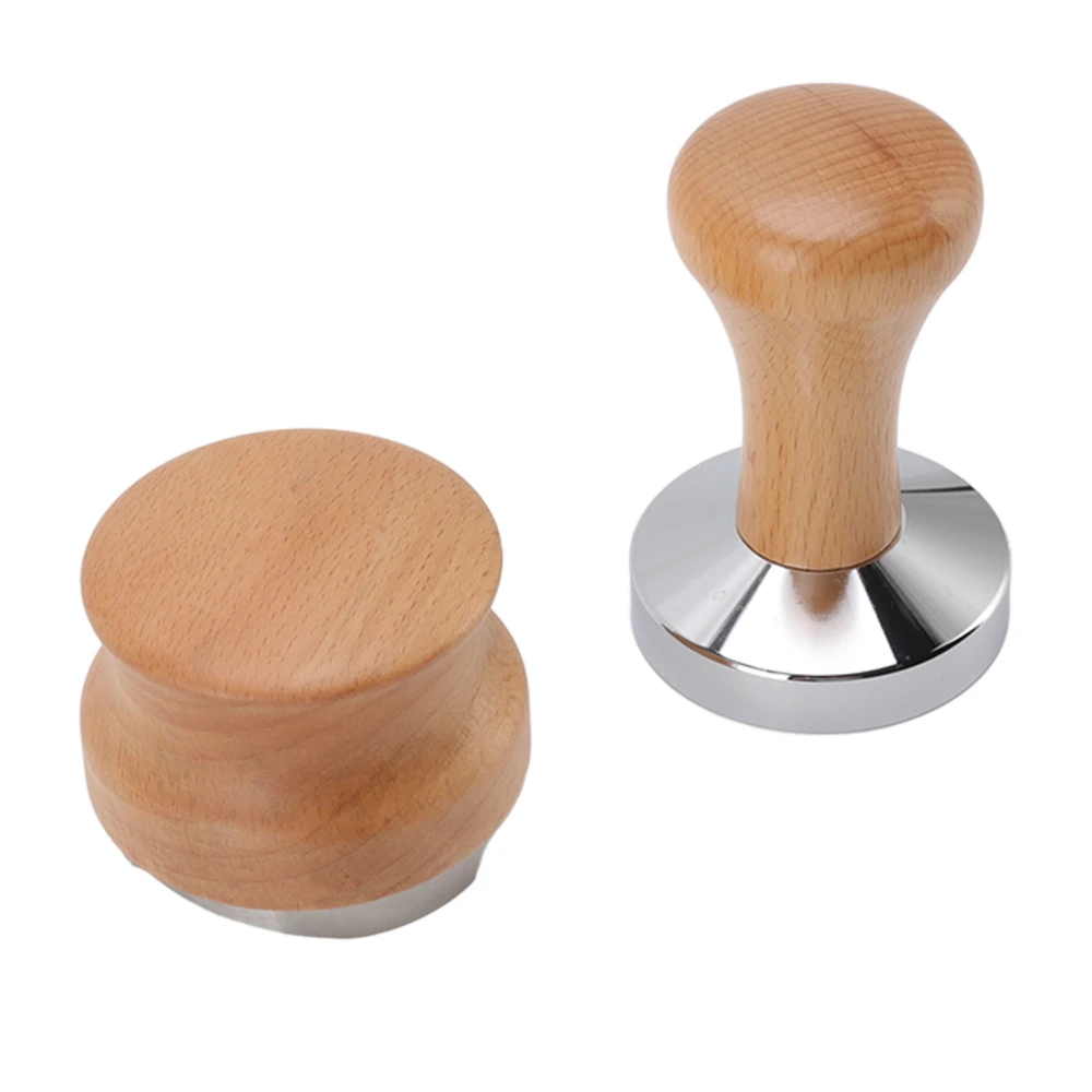 Coffee Powder Press Hammer and Distributor Set Stainless Steel Base Coffee Tamper with Wooden Handle for Cafe Home 58mm