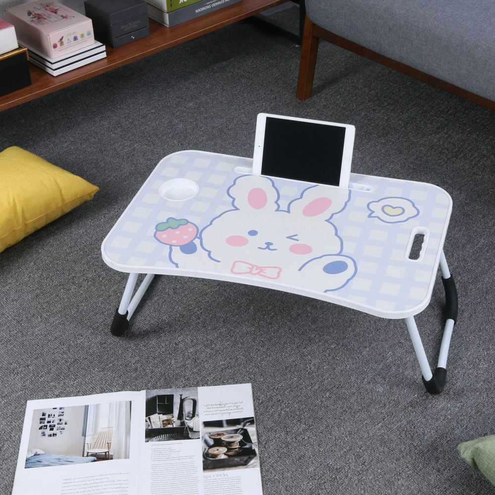 Bed Table Folding Cartoon Sofa Study Desk with Drawer Cup Holder Phone Stand for Laptop Bedroom Dormitory Cute Rabbit