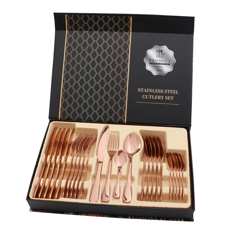 Flatware Set Stainless Steel Glossy 24 Pieces Steak Knife Fork Spoon Set for Restaurant Rose Gold