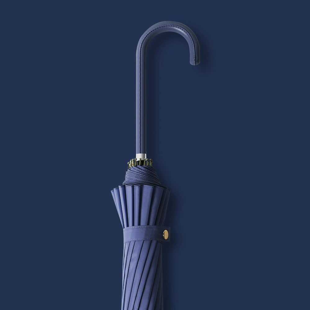 16 Bone Long Handled Umbrella Leather Handle Rain and Shine Dual Use Umbrella Sunscreen Umbrella Navy Blue 60cm / 23in 16K