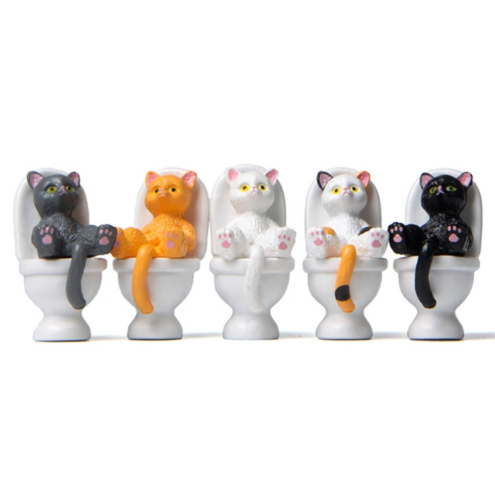 5Pcs Cat Sitting on Toilet Statues Mini Toilet Cat Figurines Desktop Ornaments Home Decor Cartoon Animal Garden Statues for Micro Landscape