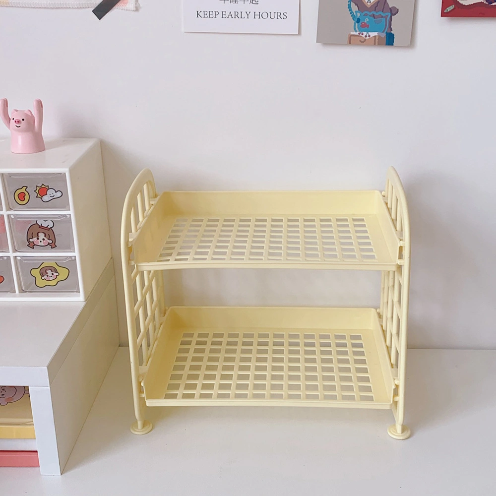 2 Layer Desktop Shelf Side Guardrail Design Foldable Double Layer Stacking Cosmetic Stationery Storage HolderLemon Yellow