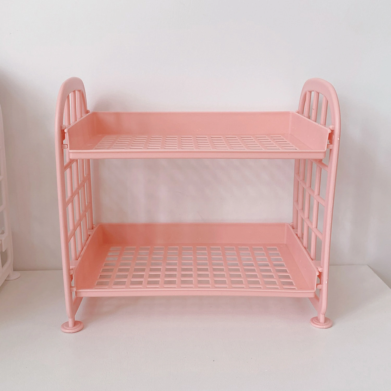 2 Layer Desktop Shelf Side Guardrail Design Foldable Double Layer Stacking Cosmetic Stationery Storage HolderPink