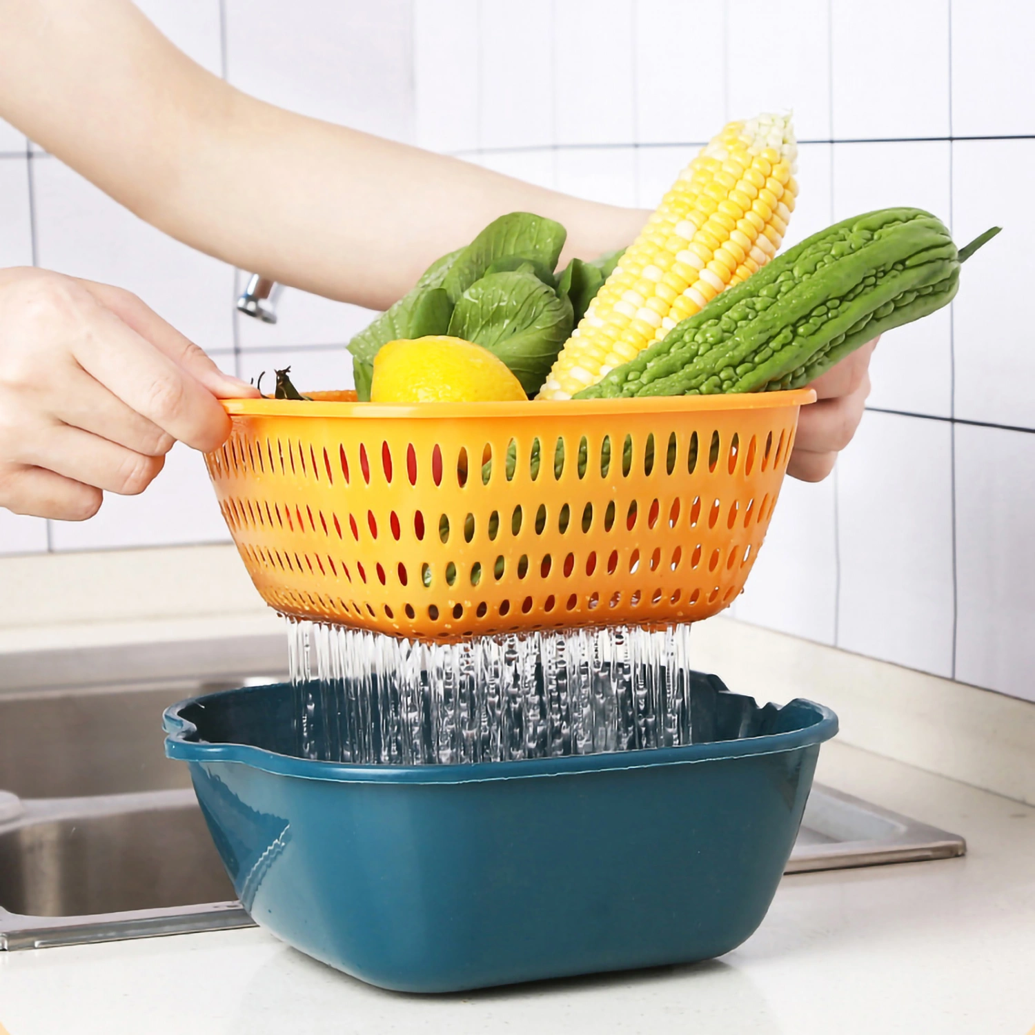Vegetable Washing Basket Double Layer Drain Quickly Suspend Multifunction Fruit Strainer with Side Handle for KitchenL Blue Yellow