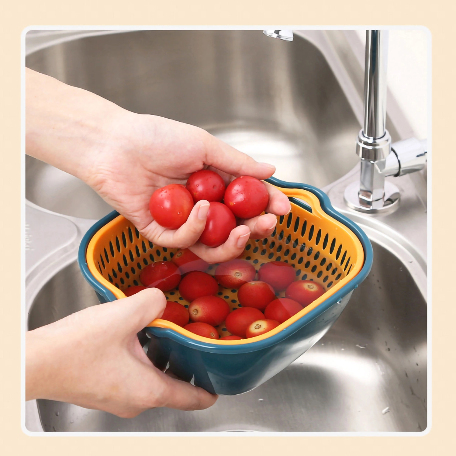 Vegetable Washing Basket Double Layer Drain Quickly Suspend Multifunction Fruit Strainer with Side Handle for KitchenL Blue Yellow