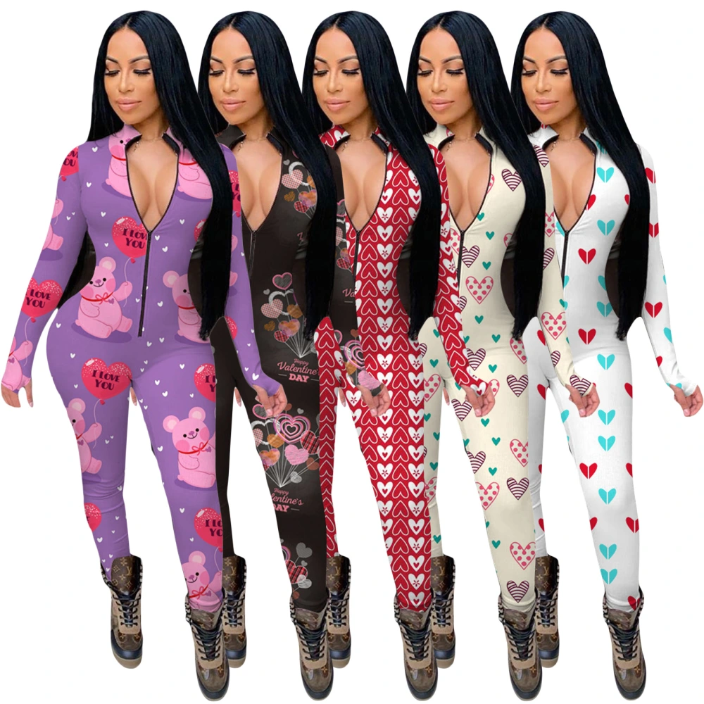 Women Christmas Printed Romper, Casual Style Long Sleeve Round Neck Jumpsuit