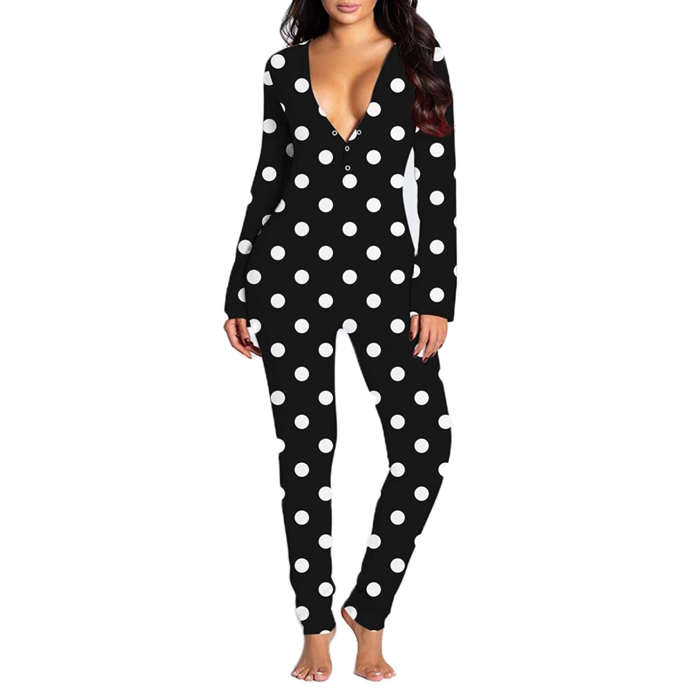 Woman's Printed One-piece Pajamas, V-neck Long Sleeve Button Flip Jumpsuit