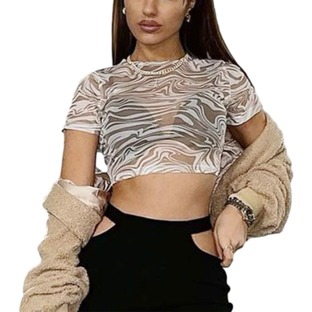 Women's Sheer Mesh T-Shirts, Short Sleeve Crew Neck Slim Fit Crop Tops