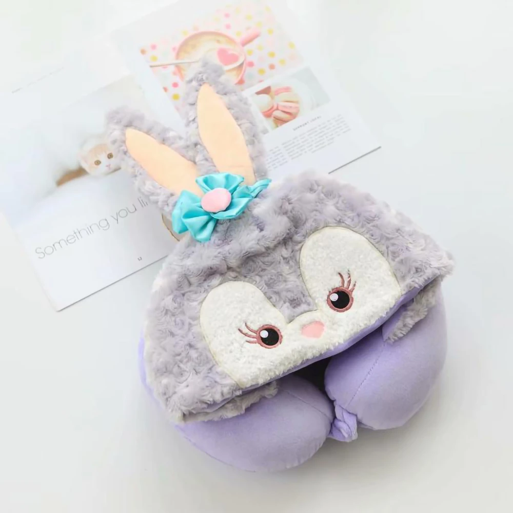 Hooded U Shaped Pillow Cute Cartoon Travel PP Cotton U Shaped Neck Pillow for Airplane Seat Purple Rabbit