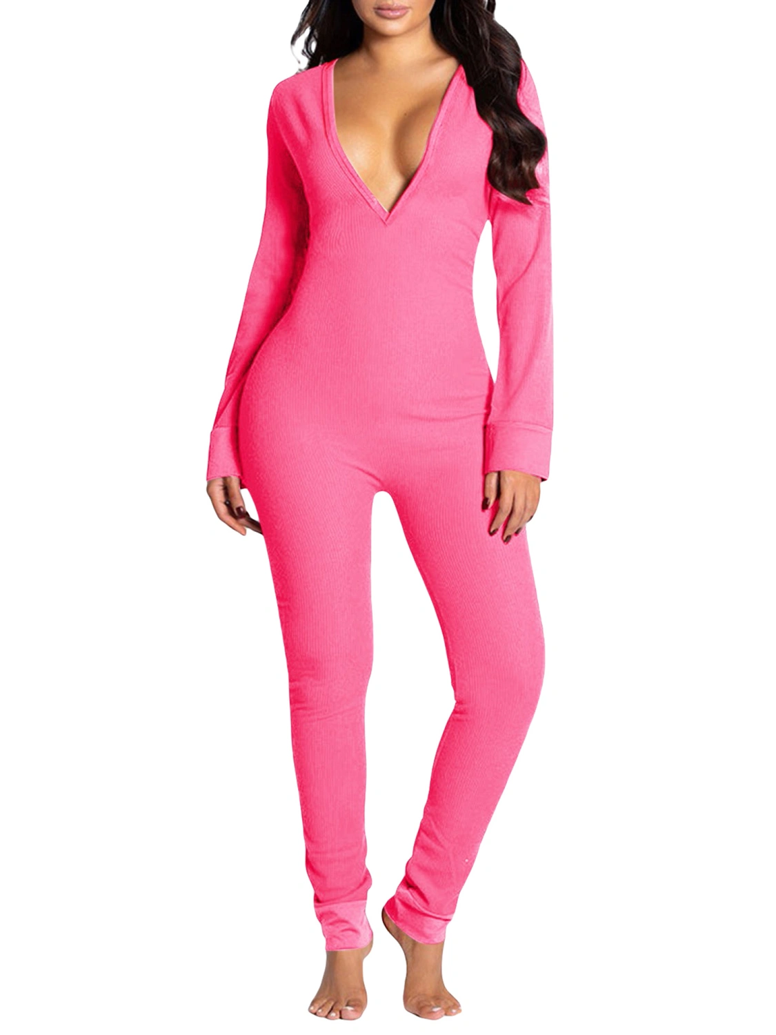 Women's V-neck High Waist Jumpsuit, Casual Tight Solid Color Romper
