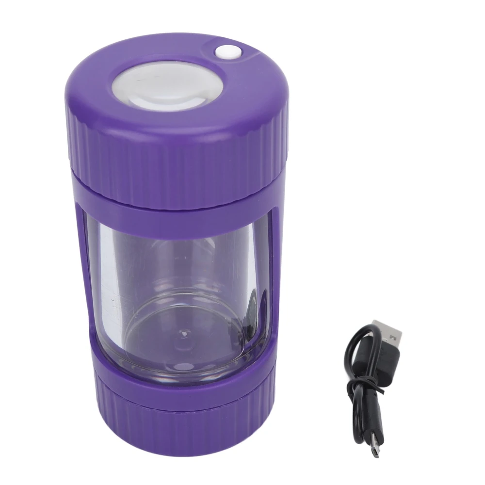 110ML Plastic Seal Storage Jar Container with Herb Grinder 8X Magnification LED Lights Purple for Tobacco