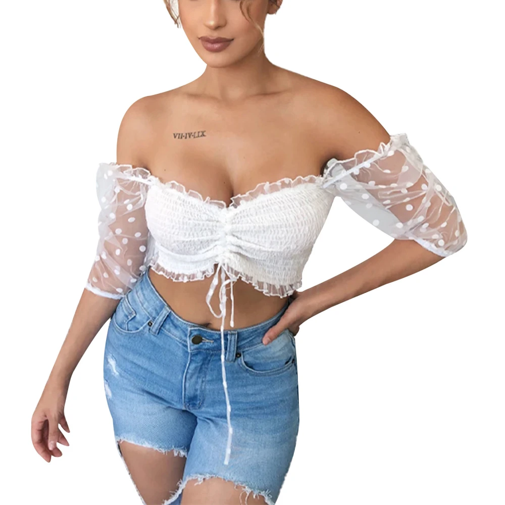 Women Fashion Off Shoulder Crop Top Stylish Mesh Polka Dot Tops