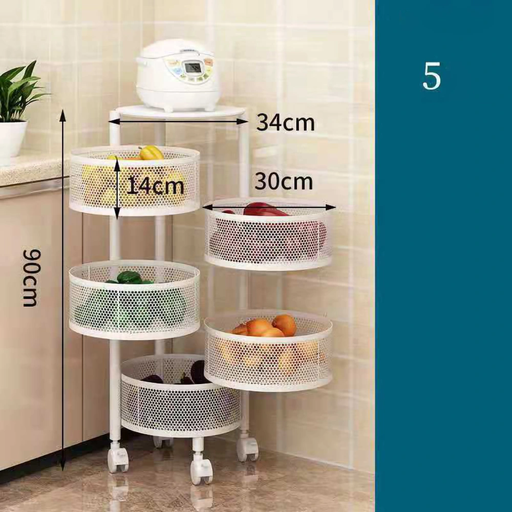 Kitchen Storage Rotatable Rack Stable Metal Revolving Basket with Wheels for Fruit VegetableRound White 5 Layer