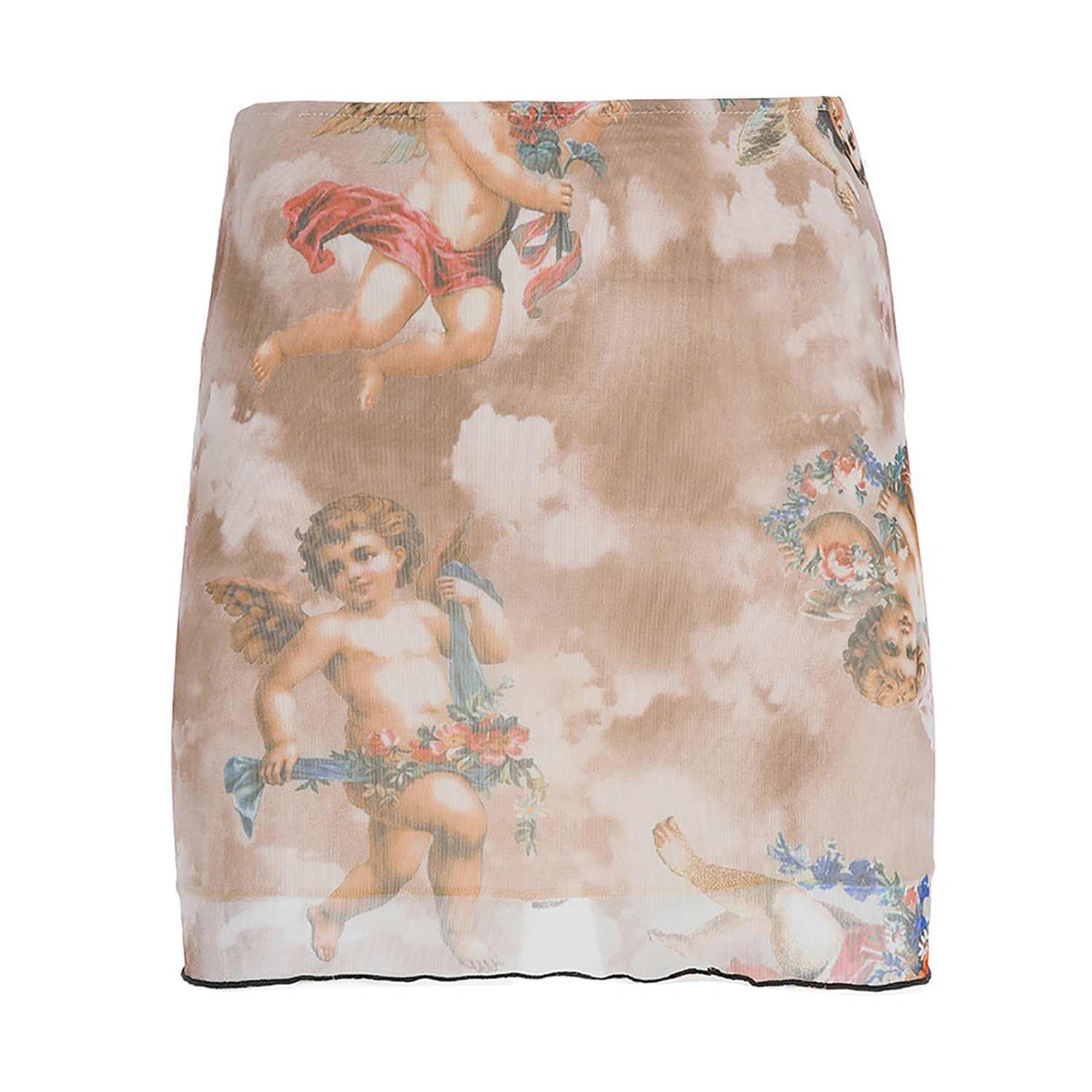 Women Bodycon Mini Skirt Cherub Print High Waist Lettuce Trim Skirt