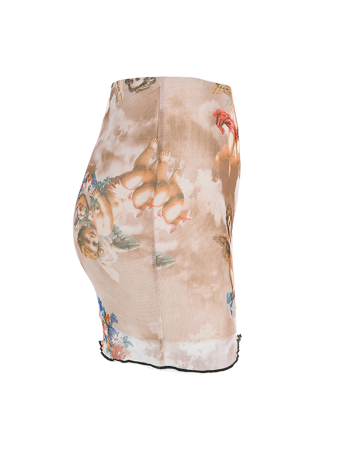 Women Bodycon Mini Skirt Cherub Print High Waist Lettuce Trim Skirt