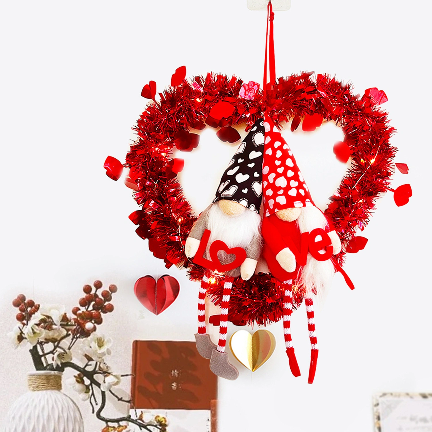 Valentine's Day Heart Shaped Wreath Romantic Hanging Gnome Garland 
