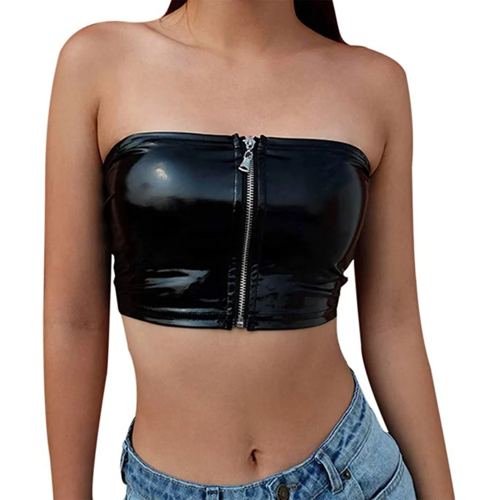 Women's Strapless Crop Tops Solid Color Patent Leather Tube Tops