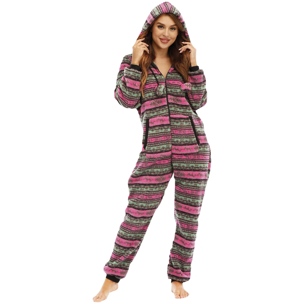 Female Nightwear, Cartoon Deer Print Long Sleeve Hooded Jumpsuit