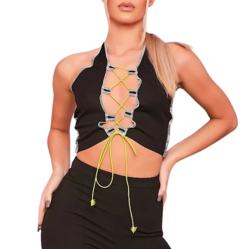 Women Halter Crop Tops Sleeveless Open Front Hollow Out Lace Up Tee Shirts