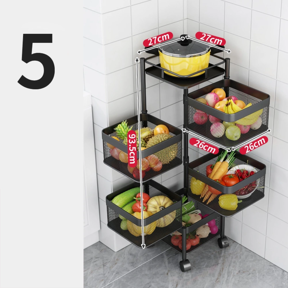 Kitchen Storage Rotatable Rack Stable Metal Revolving Basket with Wheels for Fruit VegetableSquare Black 5 Layer