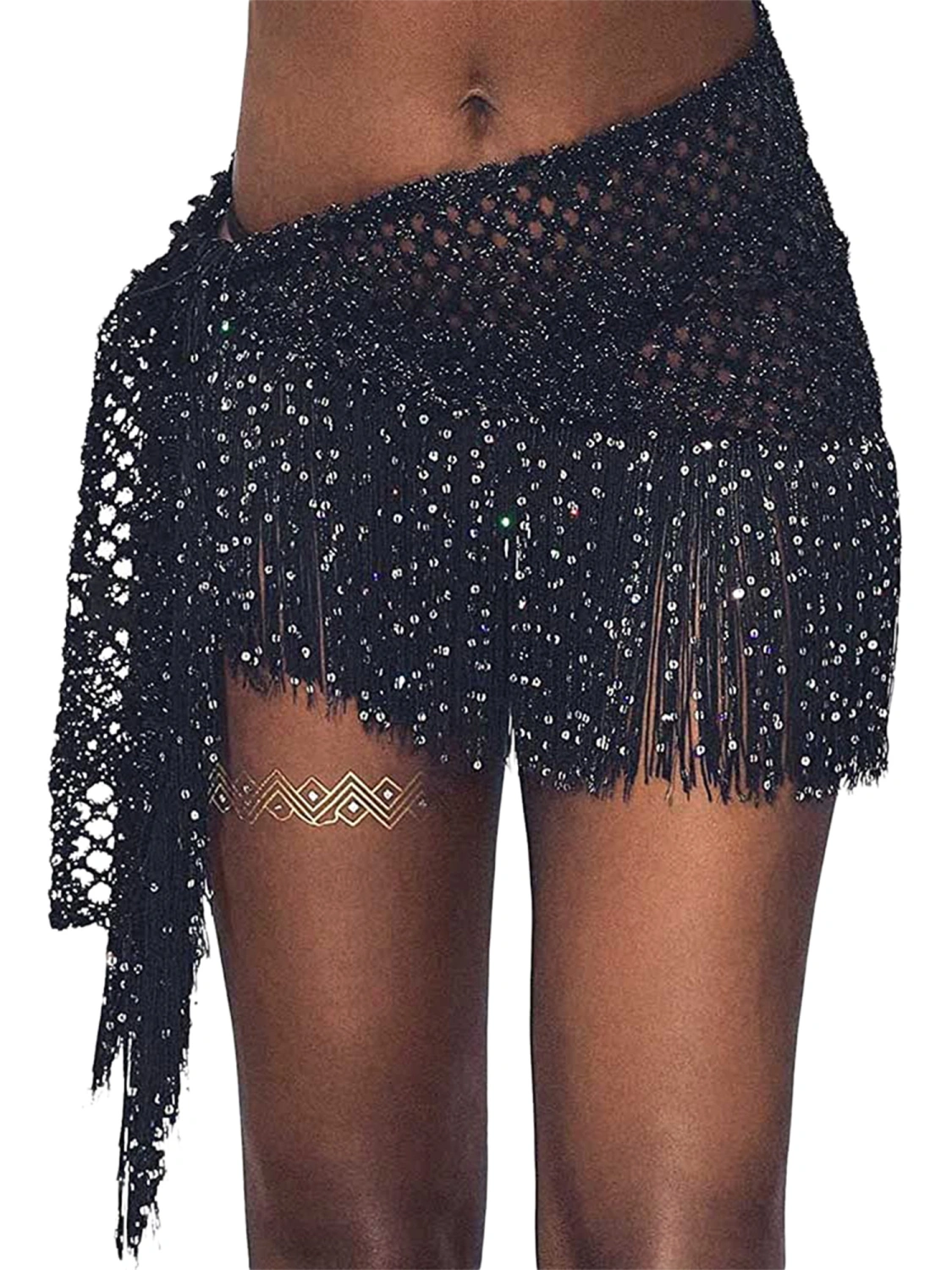 Women Belly Dance Hip Skirt, Sequins Tassel Party Stage Costume 