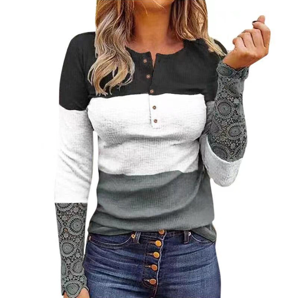 Female Contrast Color Round Neck Long Sleeve Pullover with Buttons