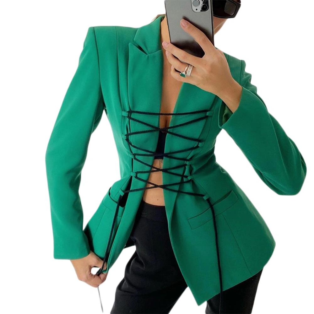 Women Coat Long Sleeve Lapel Side Pockets Buttons Bandage Cardigan