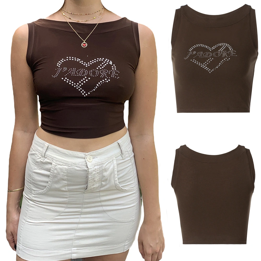 Women Rhinestone Tank Tops, Heart Letter Pattern Sleeveless Crop Tops