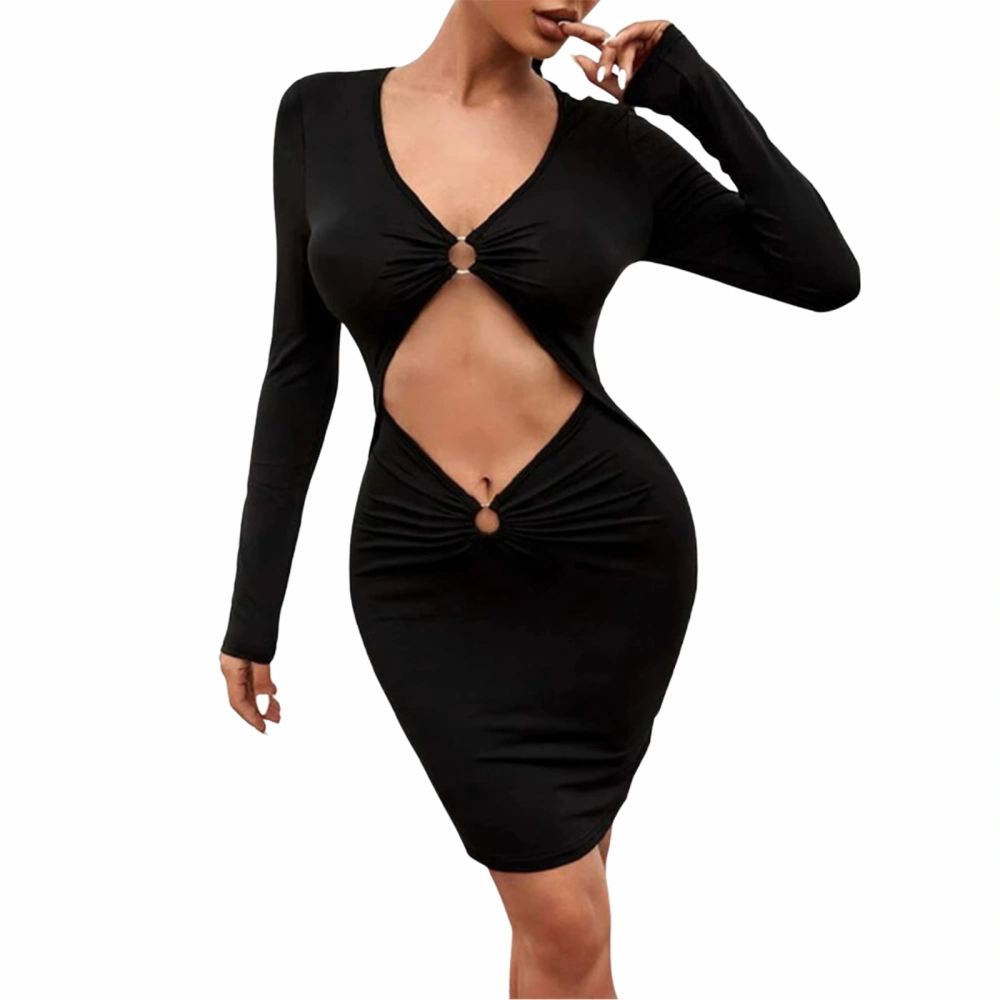 Women's Dress, V Neck Hollow Out Long Sleeve Bodycon Mini Dress