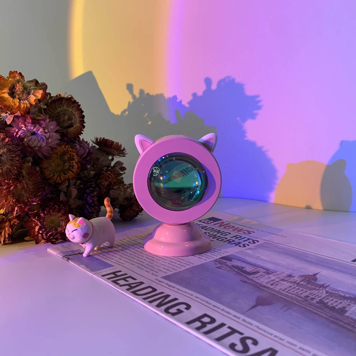 Sunset Light Portable Cute Romantic Sunset Lamp Projection Mini Table Lamps for HomesCat Ear (Rainbow Orchid)