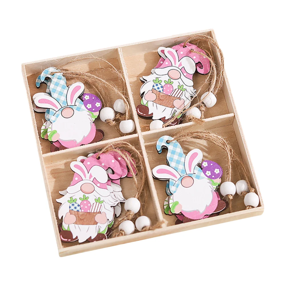 Easter Hanging Ornaments Set Wooden Gnome Bunny Car for Party 